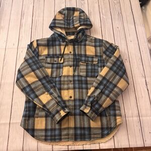 Schott Rancher Sherpa Lined Hooded CPO Jacket Plaid Wool Blend Blue Tan XL Mens‎